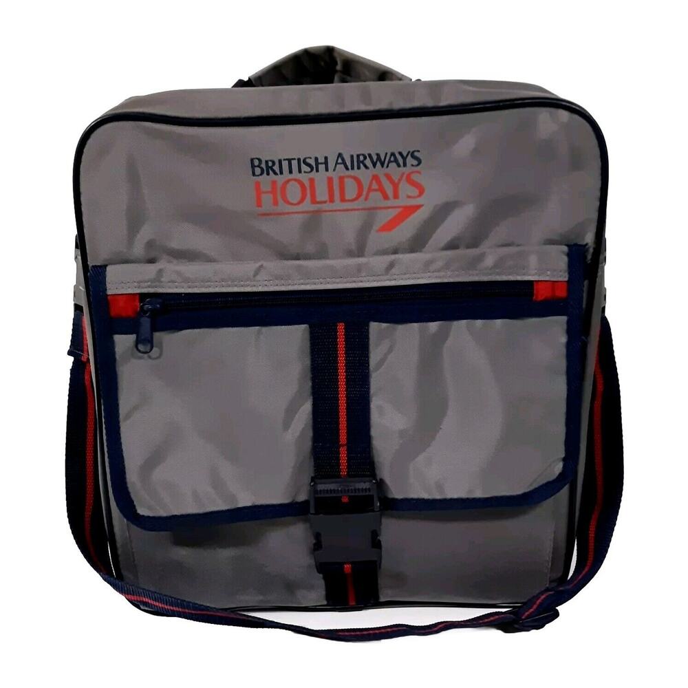 British Airways Holidays Carry On Tote Shoulder Book Bag Gray Retro Pockets